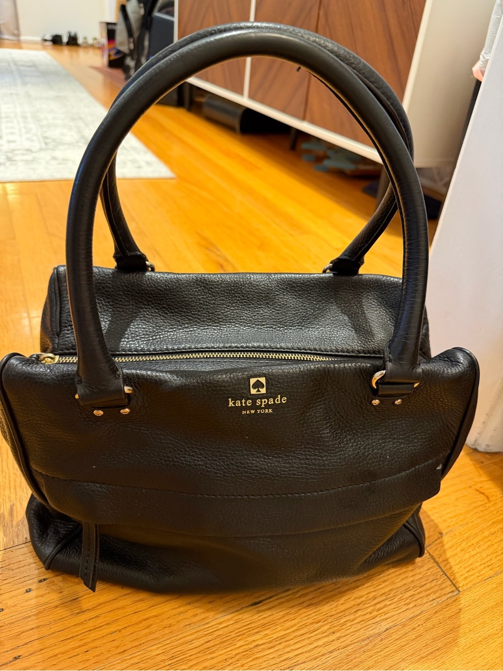 kate spade Black Pebbled Leather Satchel with Gold Accents